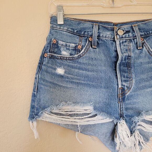 LEVI’S 501 Distressed Blue Denim Jean Shorts - Picture 8 of 11